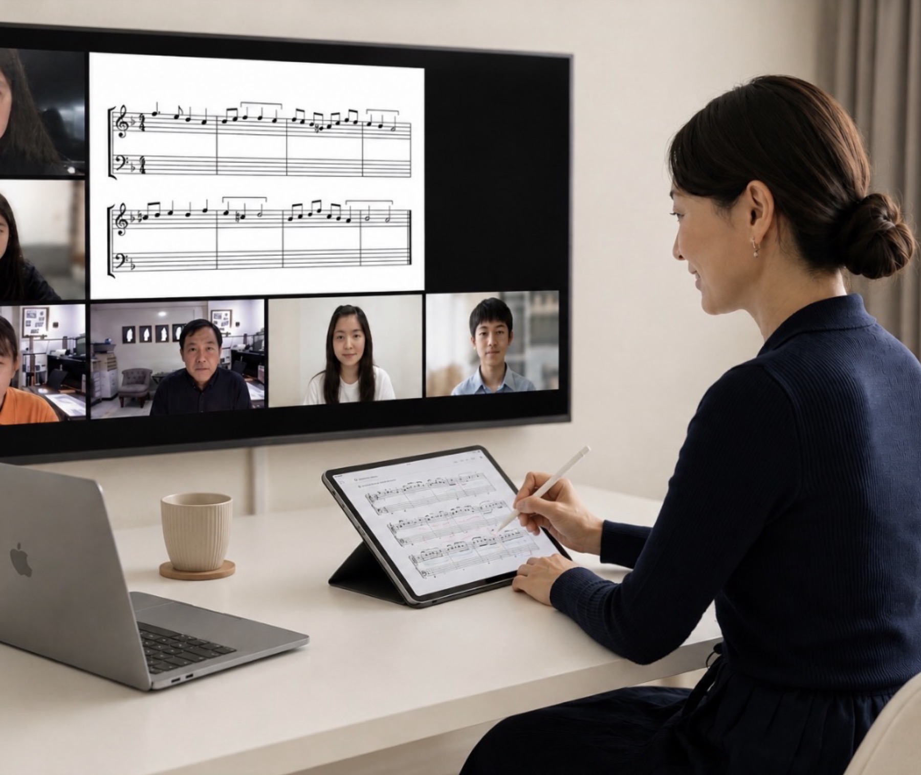 Online music theory lesson with students and notation on screen
